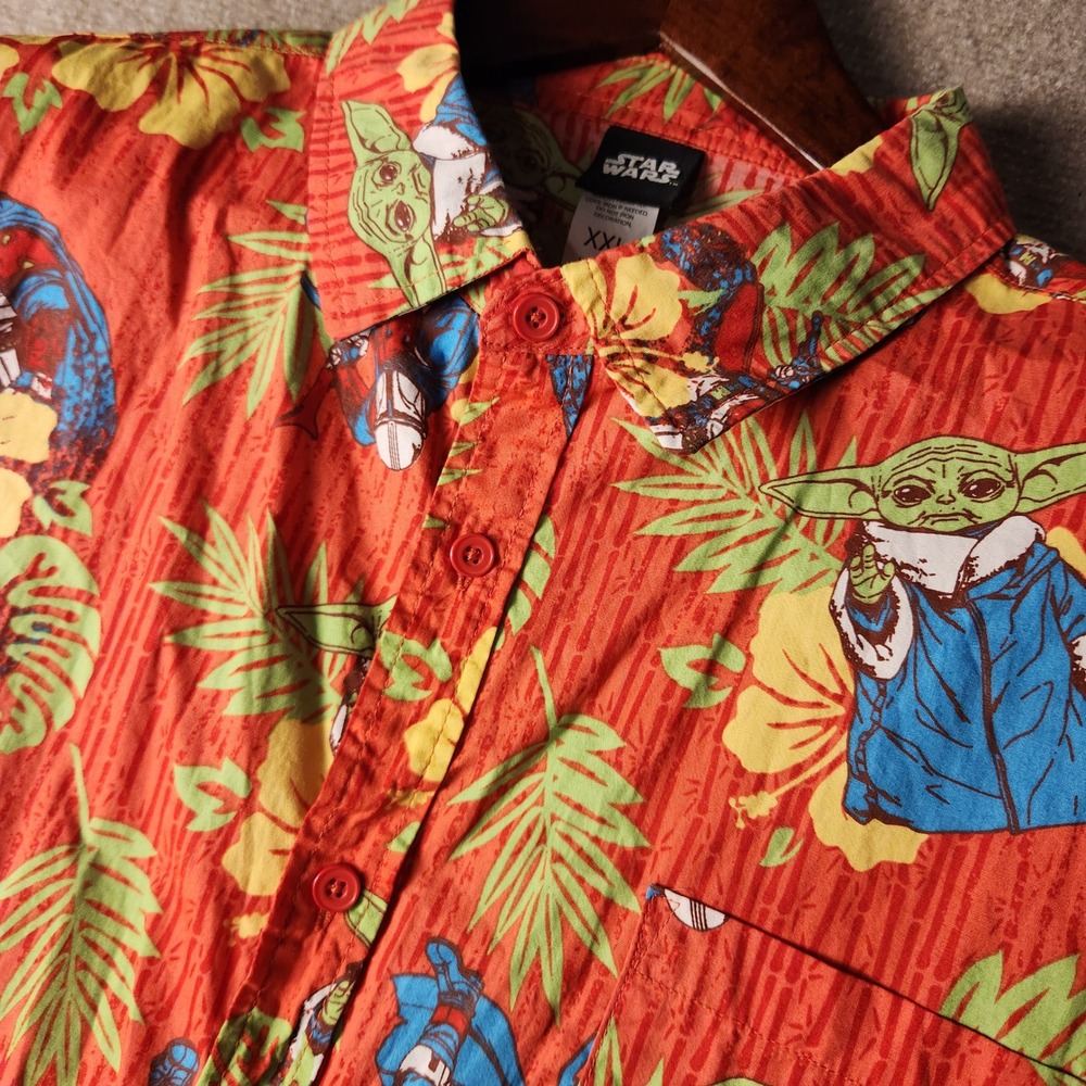 Star Wars Button Down Shirt Mens XXL Orange Yellow Grogu Mandalorian Hawaiian